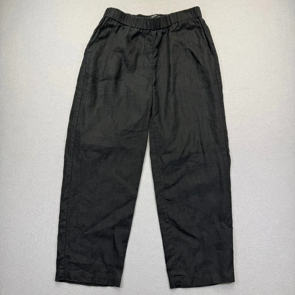 Quince Black 100% European Linen Elastic Waist Wide Leg Cropped Pants Small